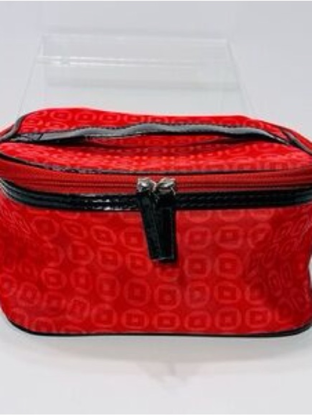 Lancome two piece Red Cosmetic Bag with Black Trim, and small Black and White